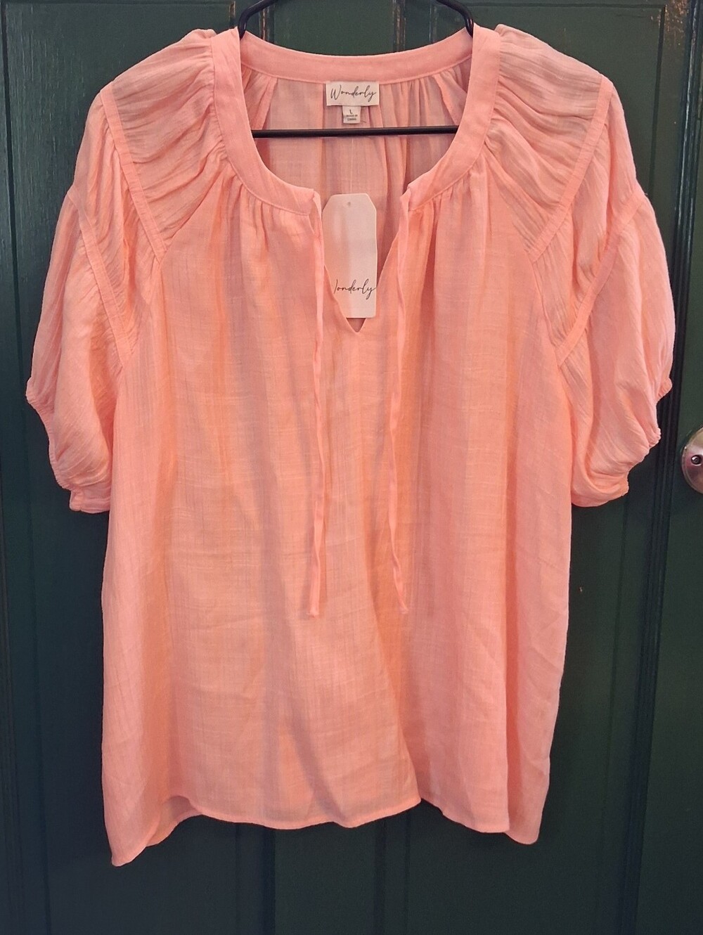 Wonderly Peach Tie-Front Puff Sleeve Blouse